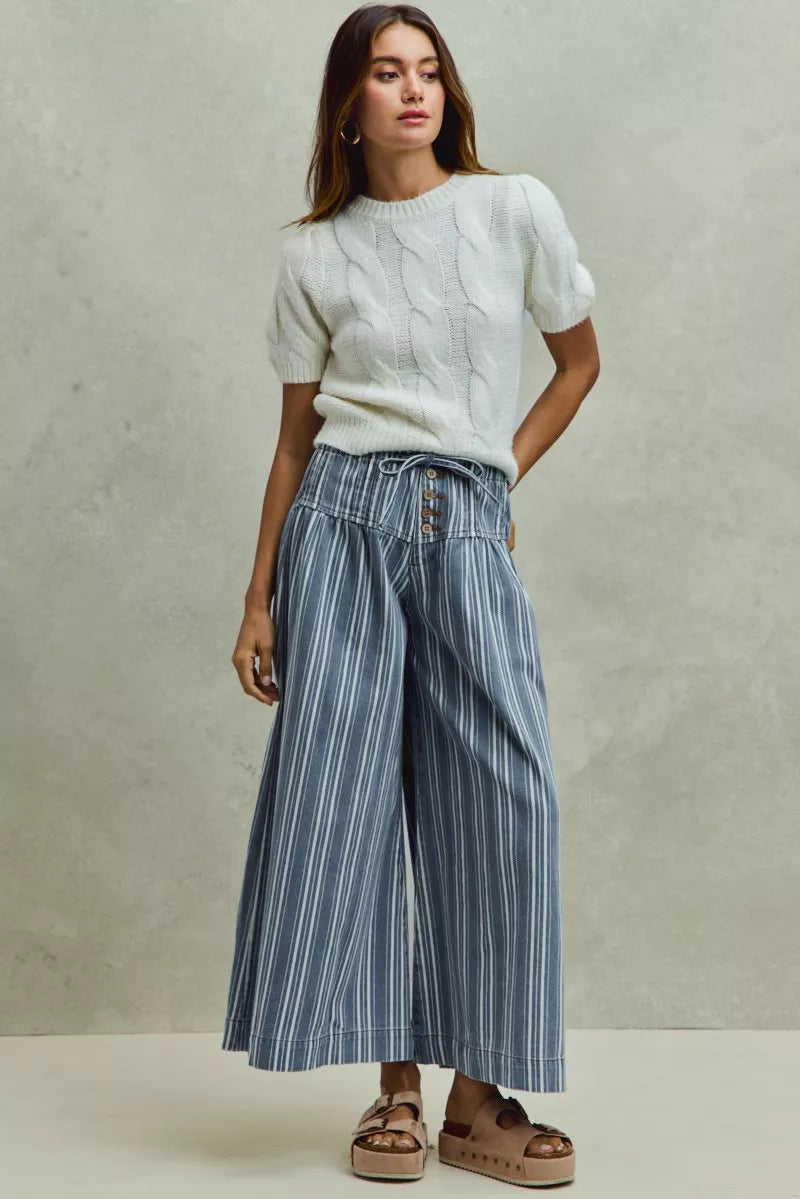 SO ME Mid Rise Stripe Denim Washed Pleat Wide Leg Pants - Glamourous Grace