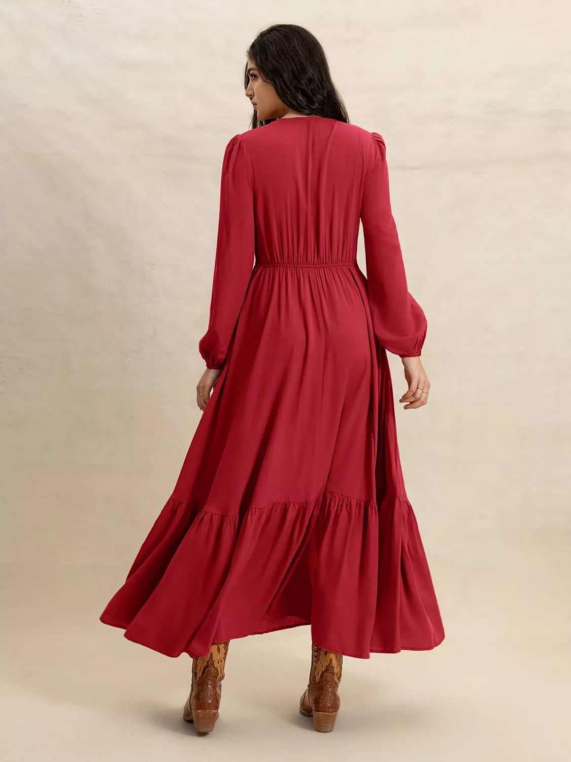 V-Neck Balloon Sleeve Ruffled Hem Maxi Dress - Glamourous Grace