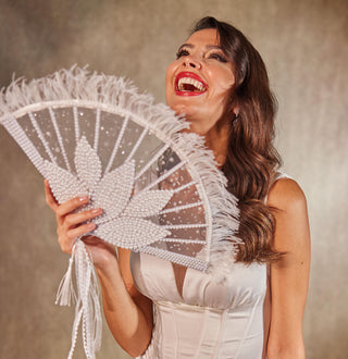 Elegant Pearl and Feather Bridal Fan - Glamourous Grace