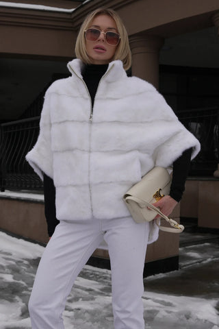 Genuine Scandinavian Mink Fur Poncho in Snow