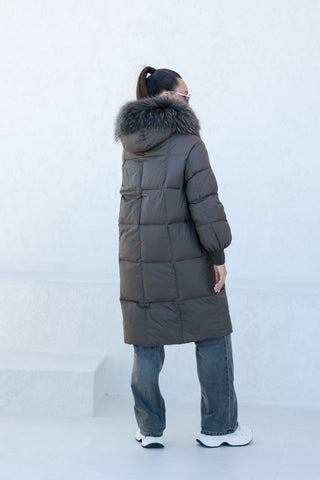 Lauren Genuine Fur Trim Down Fill Coat in Tobacco