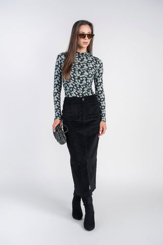 Pocket Midi Skirt- Black Corduroy