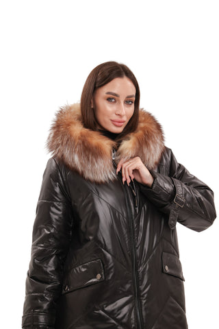 Genuine Fox Fur Trim Mid Length Coat