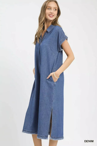 Umgee Stone Washed Collared Denim Midi Dress - Glamourous Grace