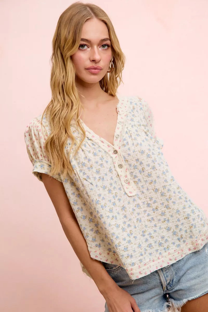 BiBi Floral Crinkle Neckdrop Short Sleeve Blouse Top - Glamourous Grace