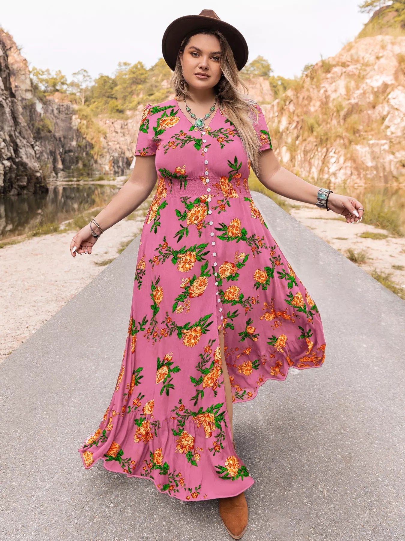 Plus Size Floral V-Neck Short Sleeve Maxi Dress - Glamourous Grace