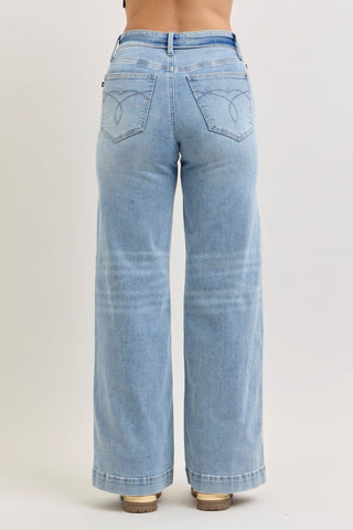 Judy Blue Mid Rise Retro Fold-over Waistband Wide Leg Denim Jeans 881104