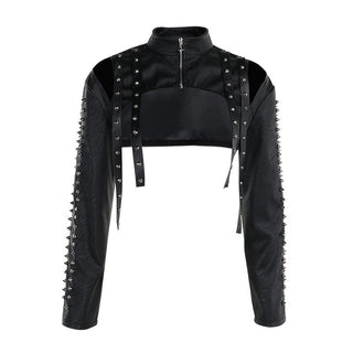 Women's Black Leather Cropped Jacket Spiked Cutout BYMANYC ® New York CONTEMPORARY EDGY MODERN OUTERWEAR - New Collection
