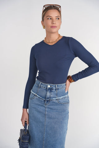Long Sleeve Ribbed V Neck Tee- Faded Navy