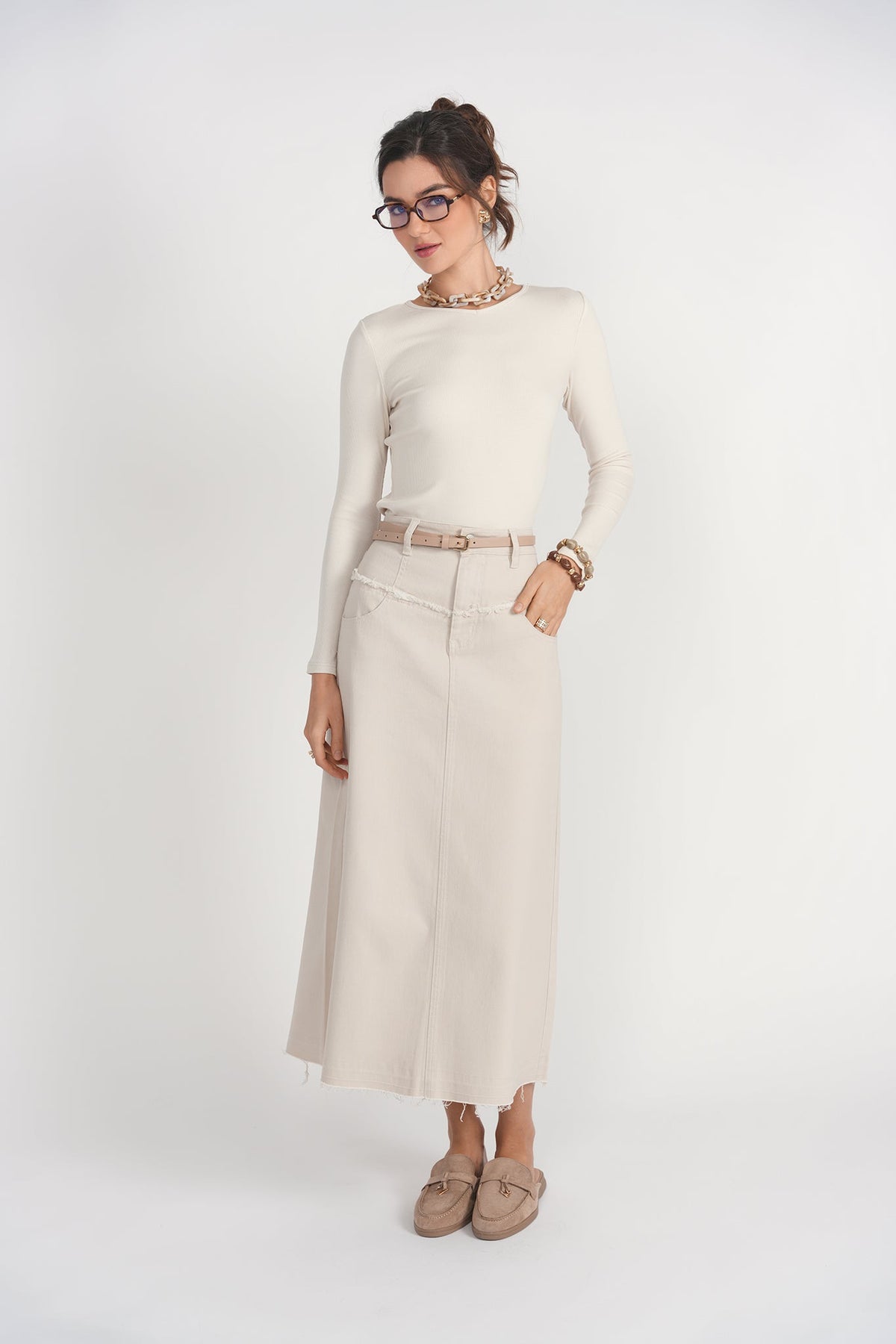 Fray Detail Denim Skirt- Stone