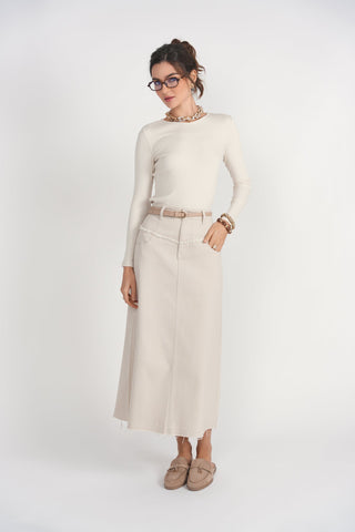 Fray Detail Denim Skirt- Stone