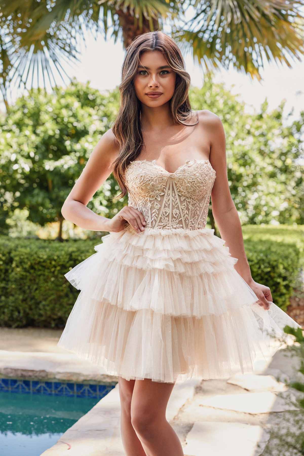 Juliet JT918A Dress Strapless Cocktail Leaf Lace Corset Bodice Ruffle Skirt - Glamourous Grace