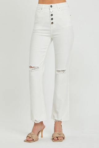 RISEN High Rise Button Fly White Denim Straight Leg Jeans