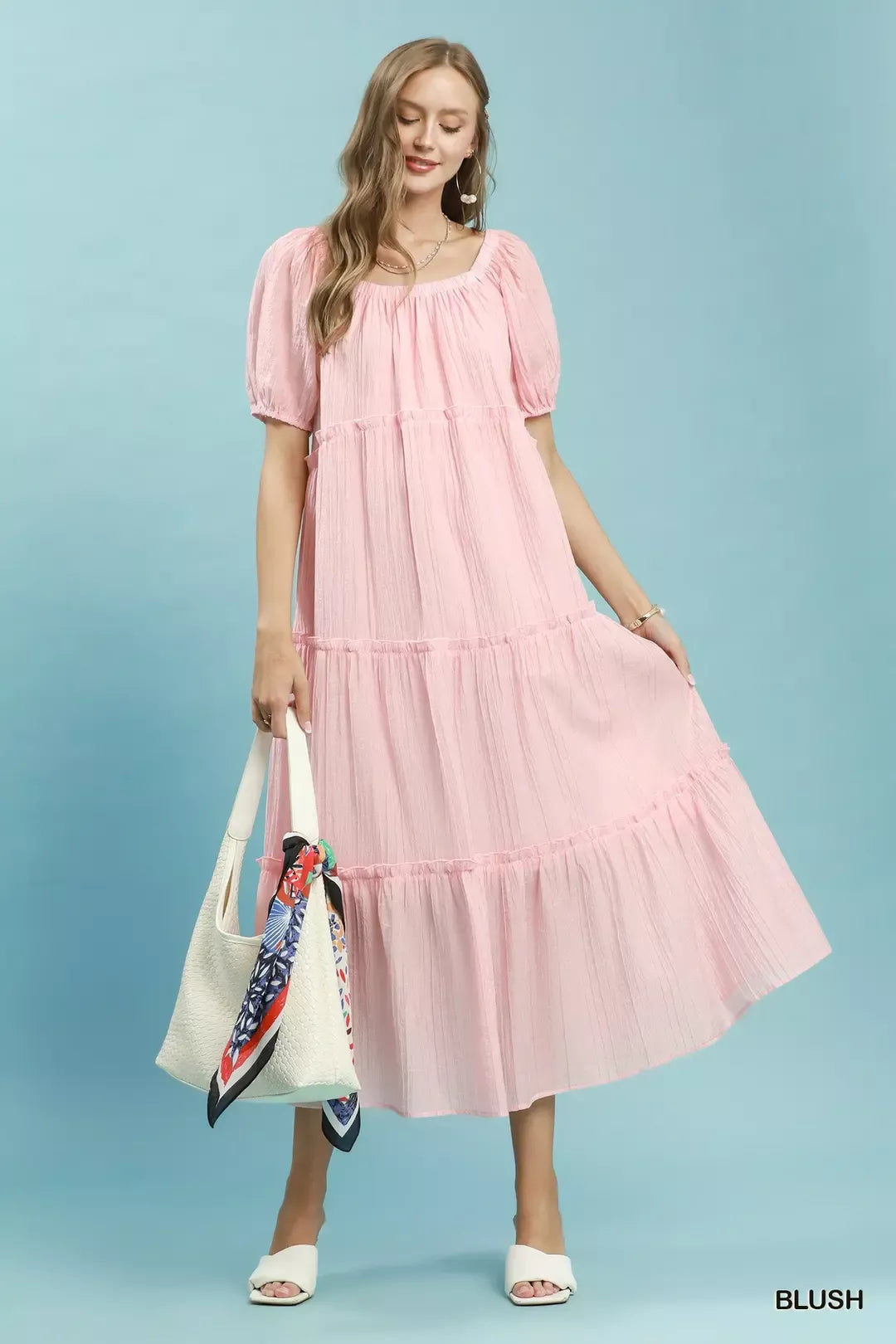 Umgee Textured Tiered Midi Dress in Blush - Glamourous Grace