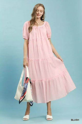 Umgee Textured Tiered Midi Dress in Blush - Glamourous Grace