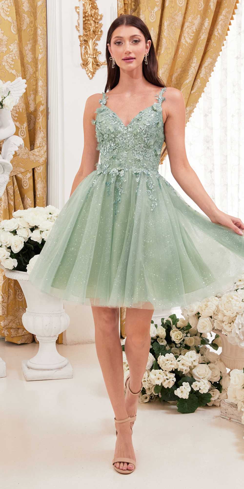 Ladivine 9245 Short A-Line Homecoming Dress with Floral Details - Glamourous Grace