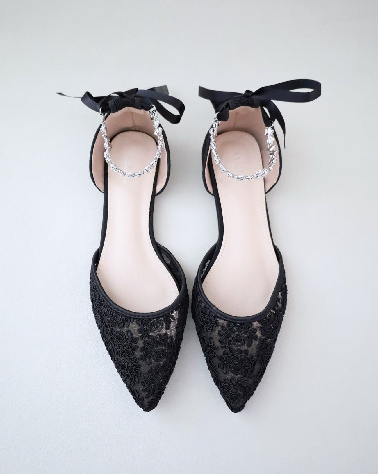 Evening Crochet Lace Pointy Toe Flats with Amaryllis Crystal Strap - Glamourous Grace