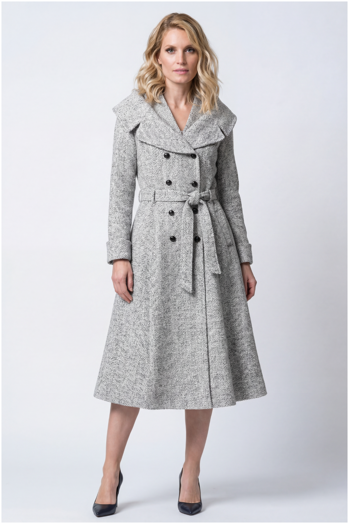 Gray Herringbone Wool Wrap Coat, Nicole