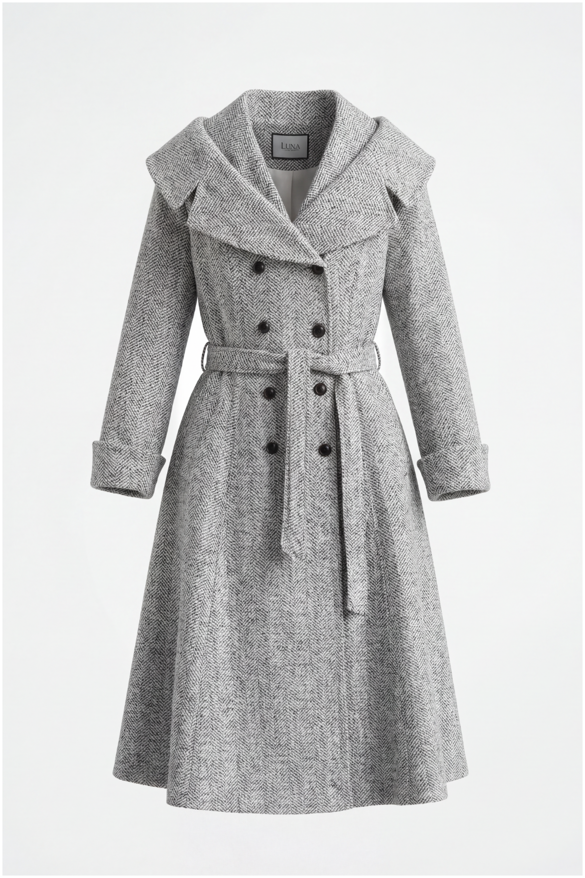 Gray Herringbone Wool Wrap Coat, Nicole