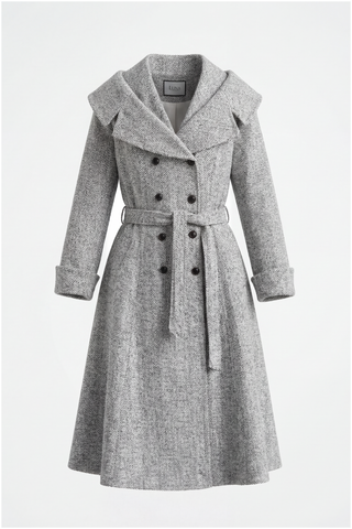 Gray Herringbone Wool Wrap Coat, Nicole