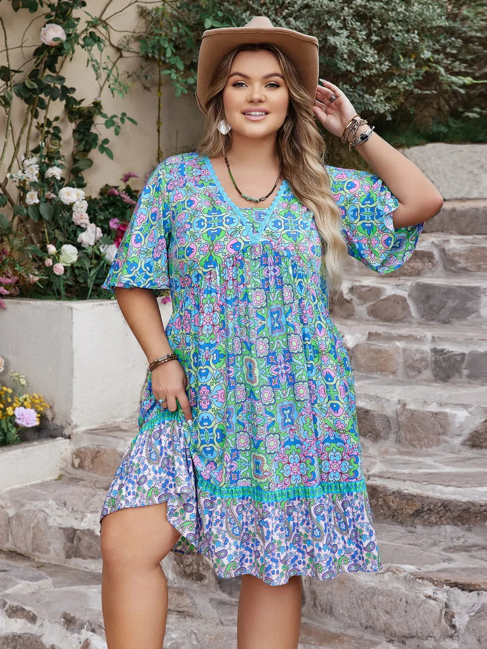 Plus Size Ruffled Hem Lace Detail Printed Half Sleeve Dress - Glamourous Grace