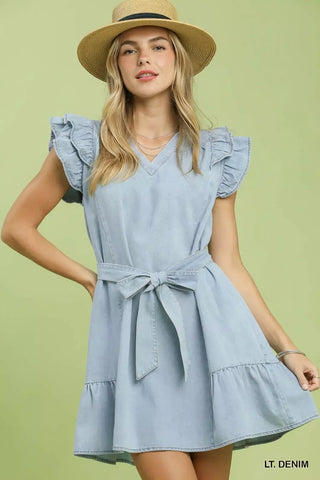 Umgee Chambray Ruffled Denim Dress with Side Pockets - Glamourous Grace