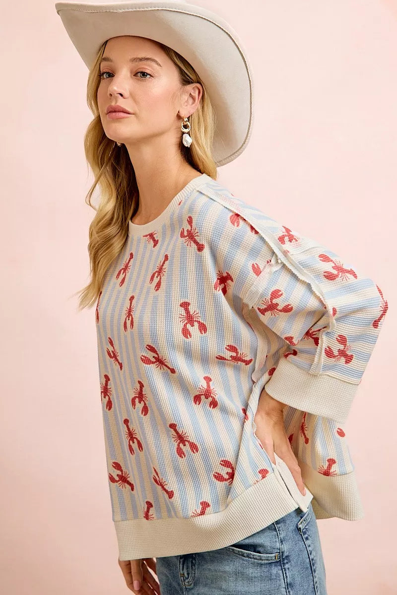 BiBi 4th Of July Lobsters Stripe Waffle Knit Sleeve Top - Glamourous Grace