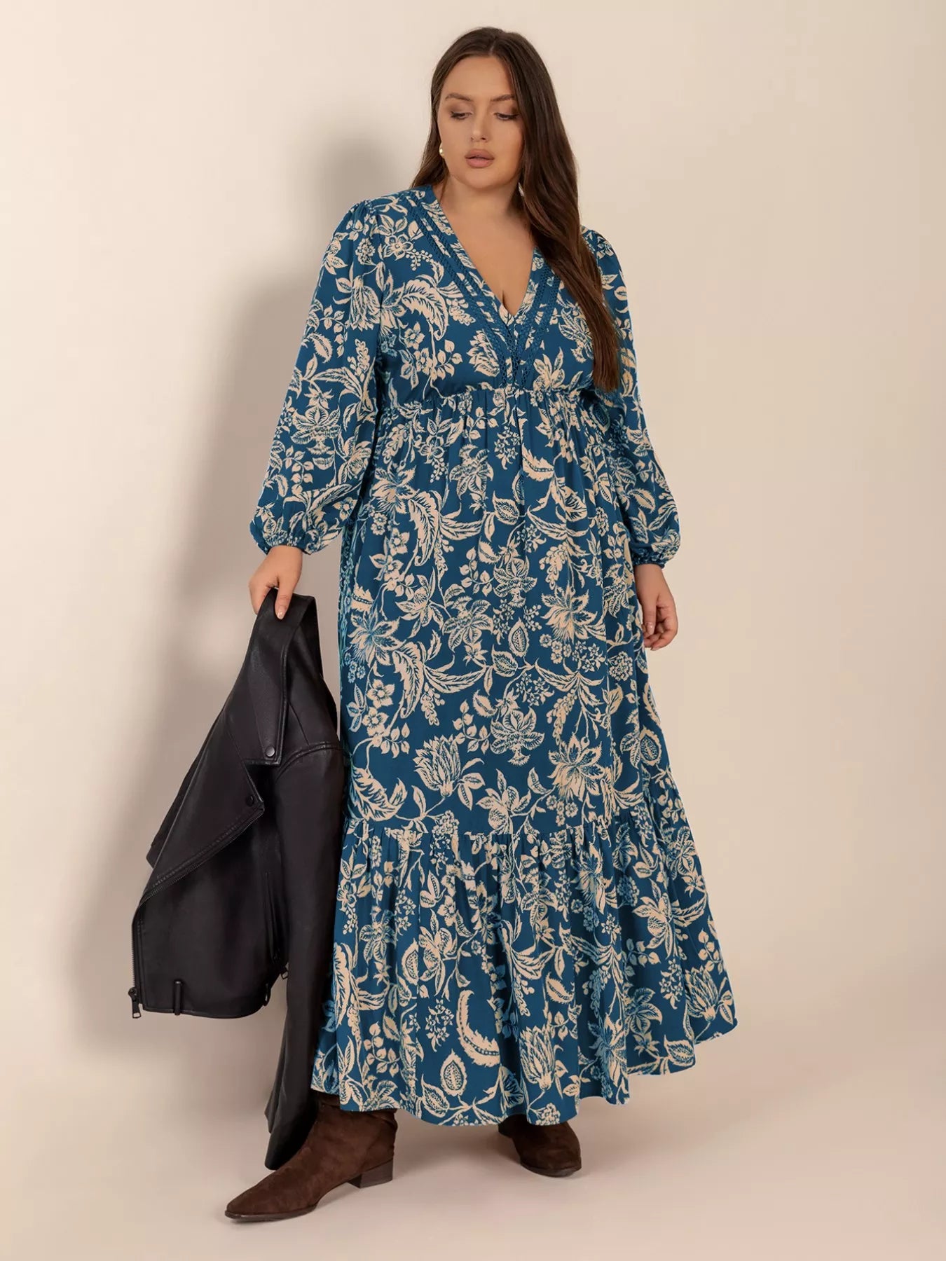 Plus Size Boho Floral Print Long Sleeve Maxi Dress - Glamourous Grace