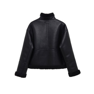 Women's Jacket Black Faux Leather Shearling BYMANYC ® New York SOHO BLACK AVIATOR BIKER - New Collection
