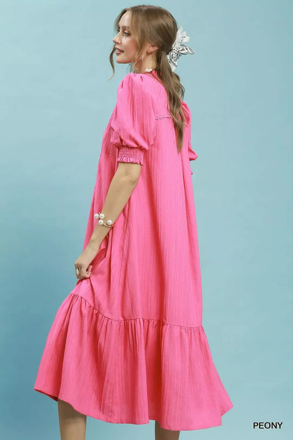 Umgee Textured Puff Sleeve Midi Dress - Glamourous Grace
