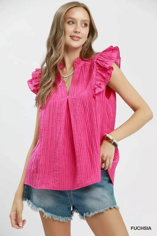 Umgee Textured Ruffle Sleeve Split V Neck Top - Glamourous Grace