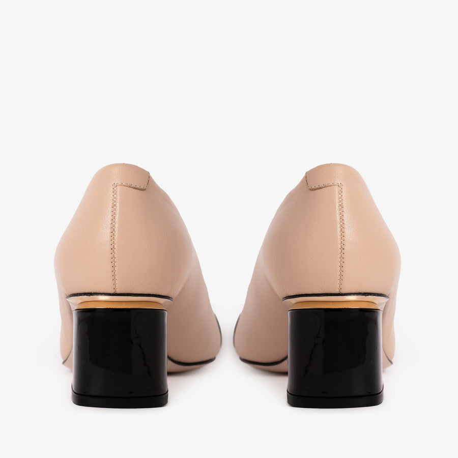 The Diva Beige Leather Cap Toe Block Heel Pump Women Shoe - Glamourous Grace