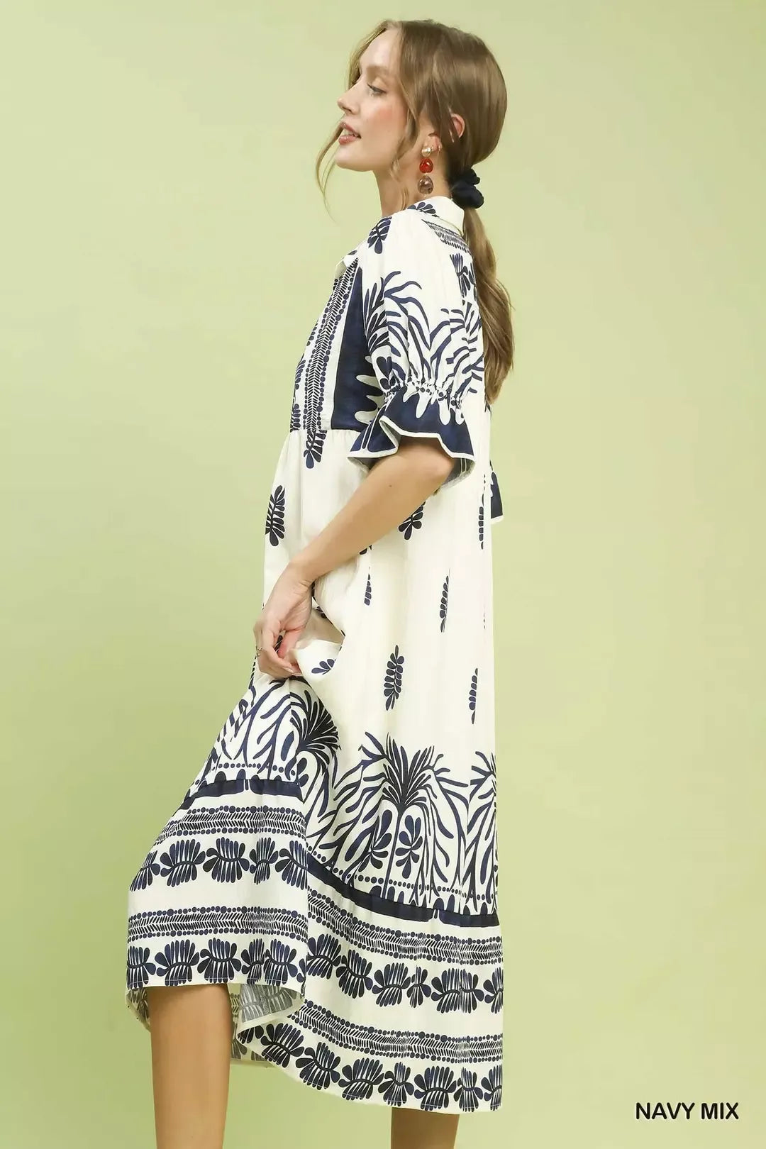 Umgee Border Print Midi Dress with Puff Sleeves - Glamourous Grace