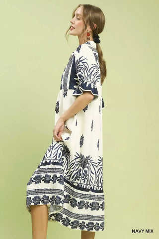 Umgee Border Print Midi Dress with Puff Sleeves - Glamourous Grace