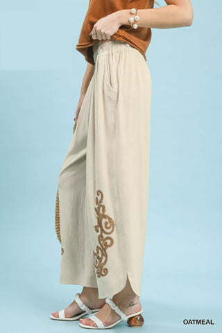 Umgee Linen Embroidered Wide-Leg Boho Pants - Glamourous Grace