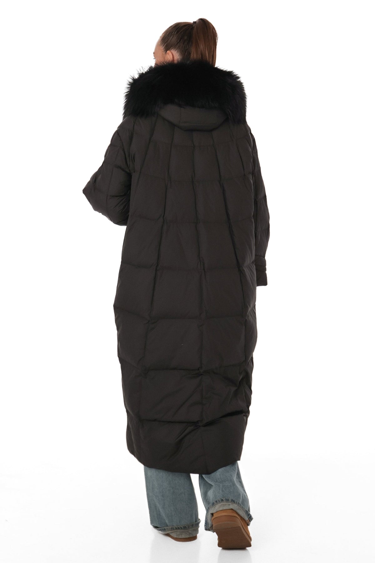 Genuine Silver Fox Fur Trim Down Coat