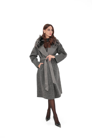 Boston Genuine Silver Fox Cashmere Blend Double-Face Coat in Grey Melange