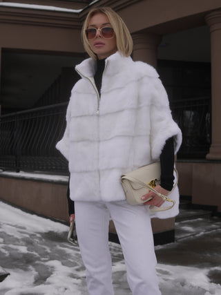 Genuine Scandinavian Mink Fur Poncho in Snow