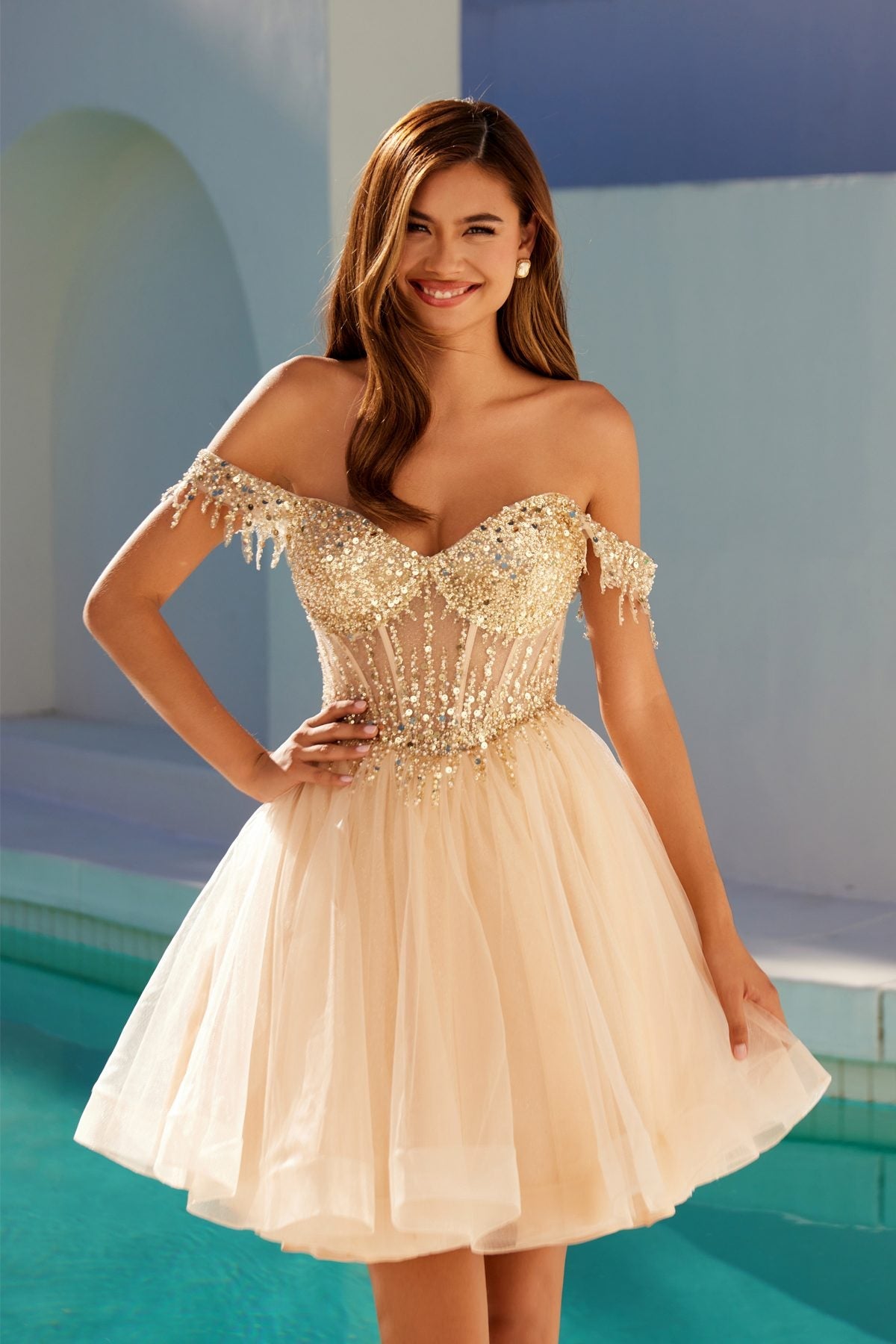 Juliet JT947L Short Off the Shoulder Homecoming A-Line Dress - Glamourous Grace