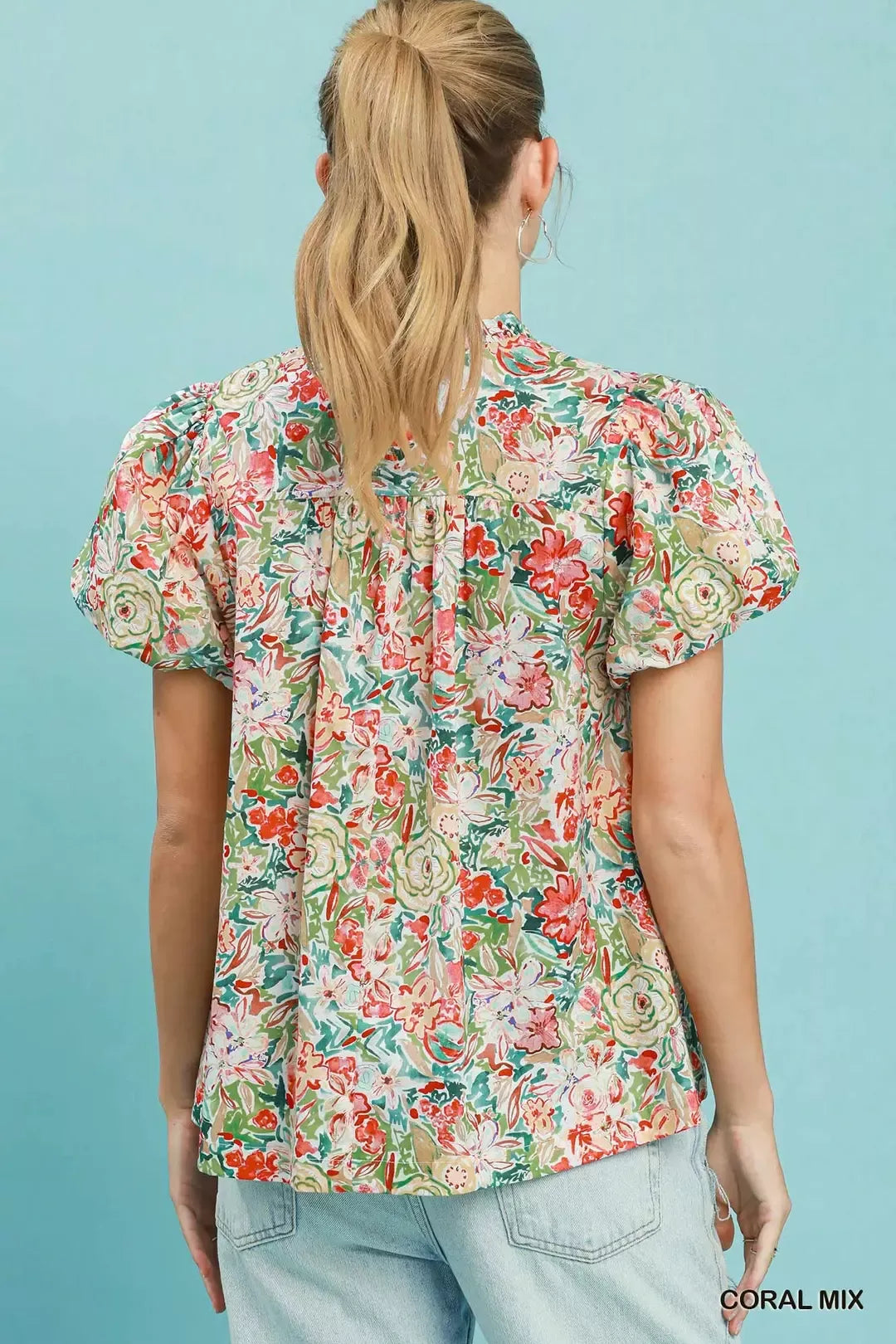 Umgee Floral Puff Sleeve Blouse in Coral - Glamourous Grace