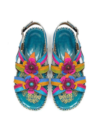Vintage Embossing Flowers Leather Stitching Sandals