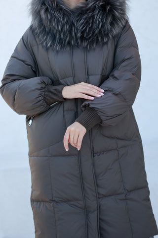 Lauren Genuine Fur Trim Down Fill Coat in Tobacco