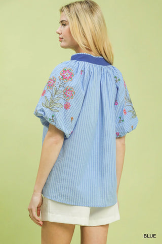 Umgee Embroidered Stripe Top in Blue - Glamourous Grace
