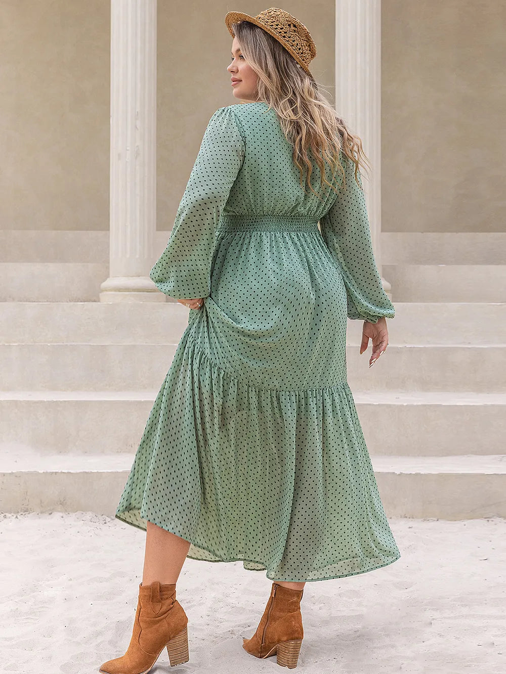 Plus Size Tassel Printed Tie Neck Long Sleeve Midi Dress - Glamourous Grace