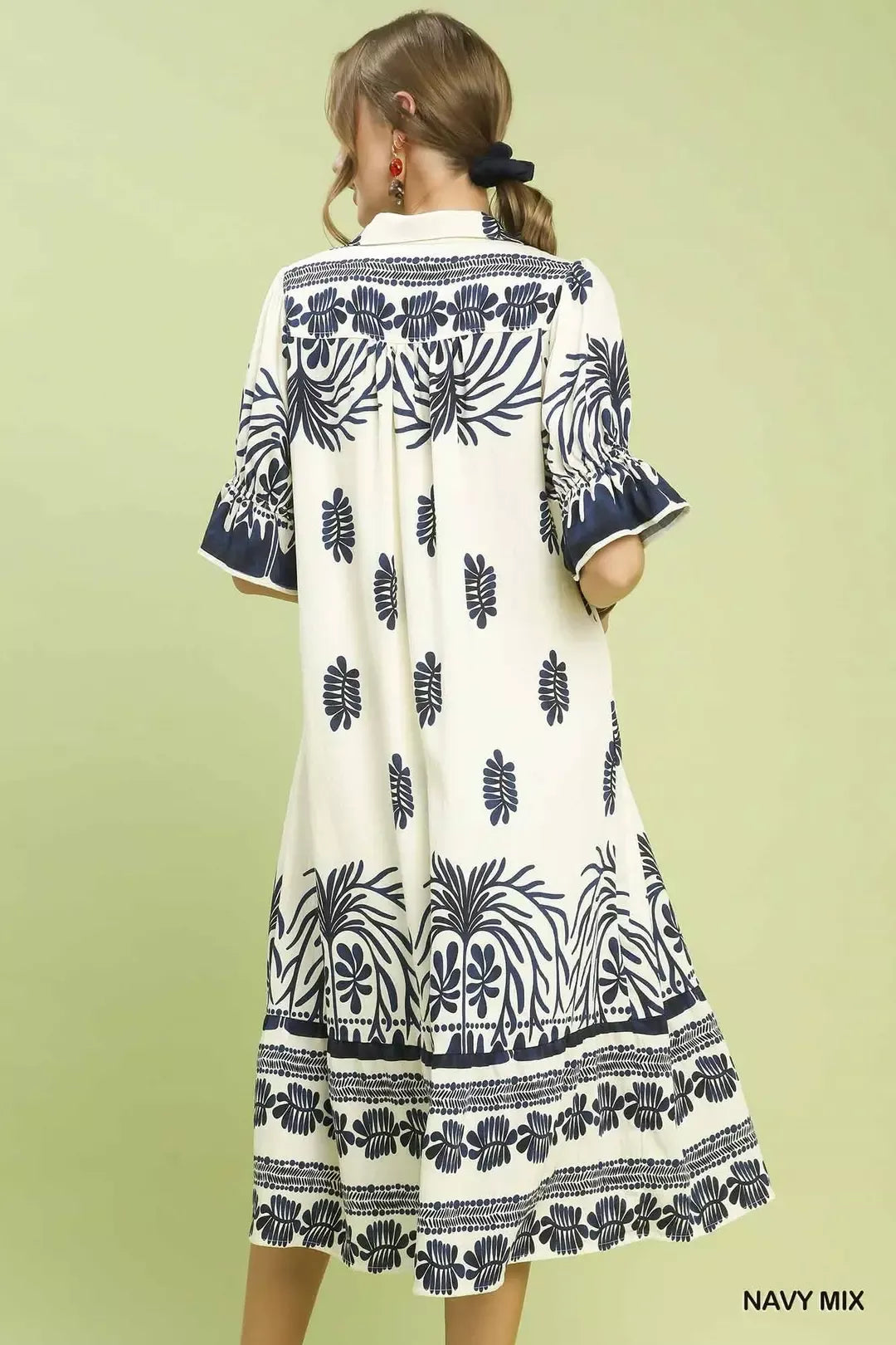 Umgee Border Print Midi Dress with Puff Sleeves - Glamourous Grace