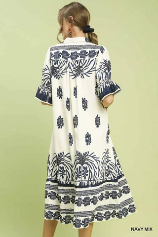 Umgee Border Print Midi Dress with Puff Sleeves - Glamourous Grace