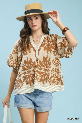 Umgee Mix Printed Puff Sleeve Top with Contrast Trim - Glamourous Grace