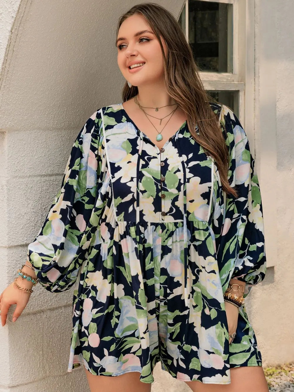 Plus Size Tied Printed Long Sleeve Romper - Glamourous Grace