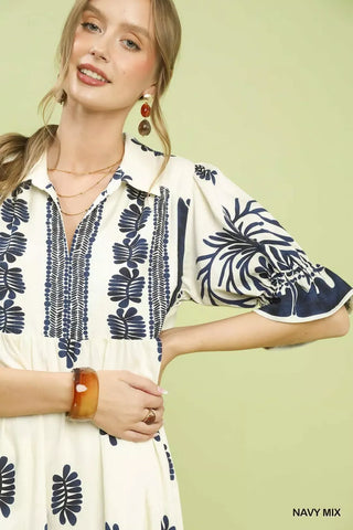 Umgee Border Print Midi Dress with Puff Sleeves - Glamourous Grace