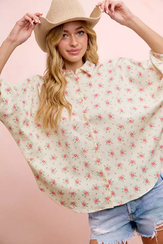 BiBi Flower Printed Short Dolman Blouse Top - Glamourous Grace